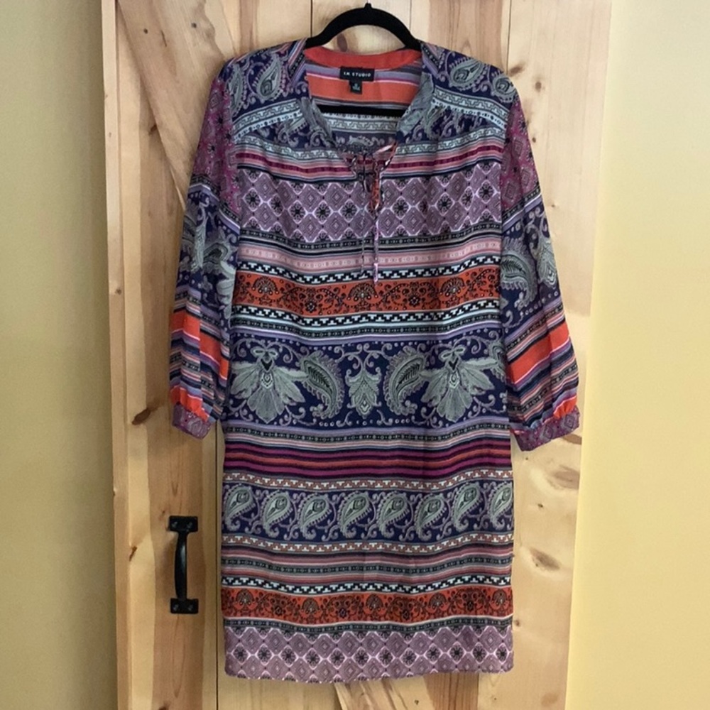 I.N. Studio - Multicolor Paisley/Busy Print Dress w/ 3/4 Sleeves (Size 12)
